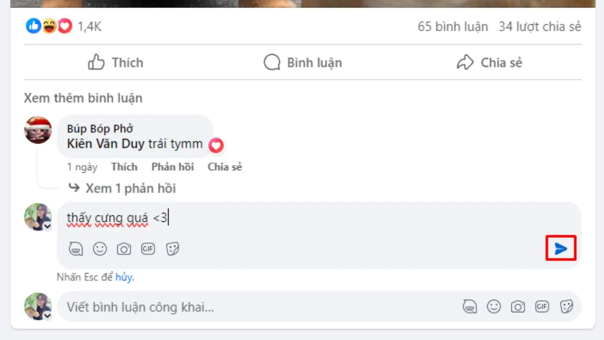 Thực hiện thay đổi và lưu bằng phím Enter trong quá trình chỉnh sửa bình luận trên Facebook