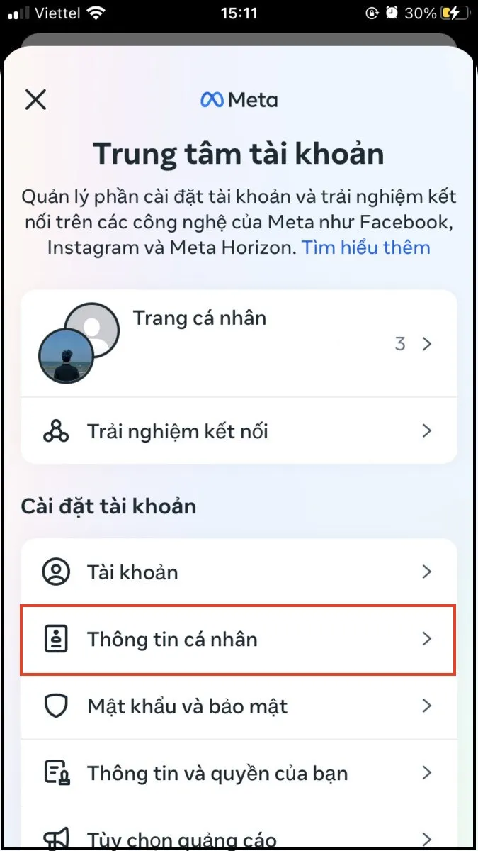 Tìm đến mục Thông tin cá nhân để tiếp tục quá trình vô hiệu hóa trang cá nhân phụ