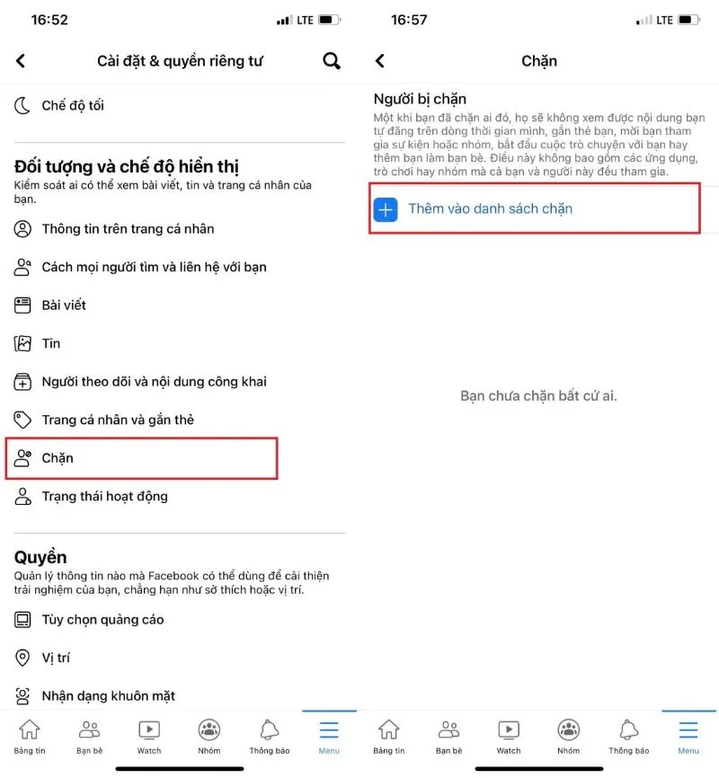 Tìm kiếm mục Chặn trong cài đặt chế độ hiển thị để block một người
