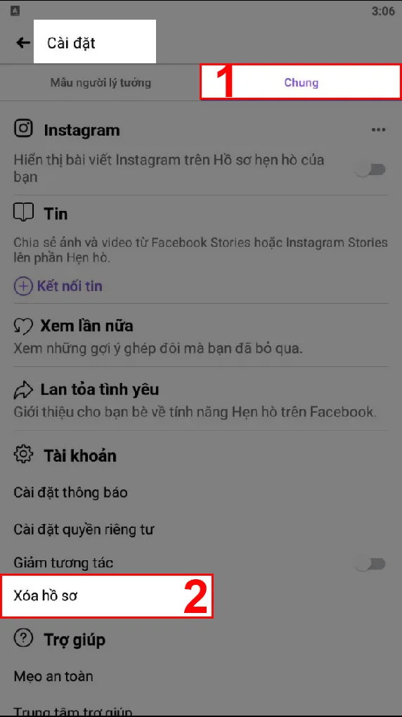 Tìm tùy chọn Xóa hồ sơ trong cài đặt Chung của Facebook Dating