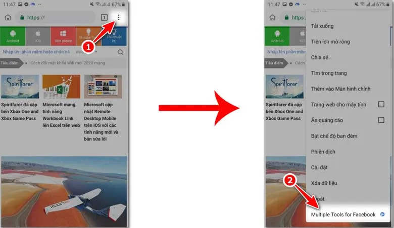 Tìm và chọn Multiple Tools for Facebook trong menu cài đặt của trình duyệt