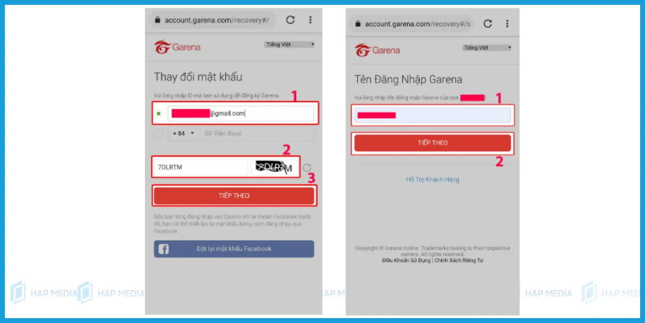 Trang khôi phục mật khẩu Garena qua Email, yêu cầu nhập địa chỉ Email và mã xác thực