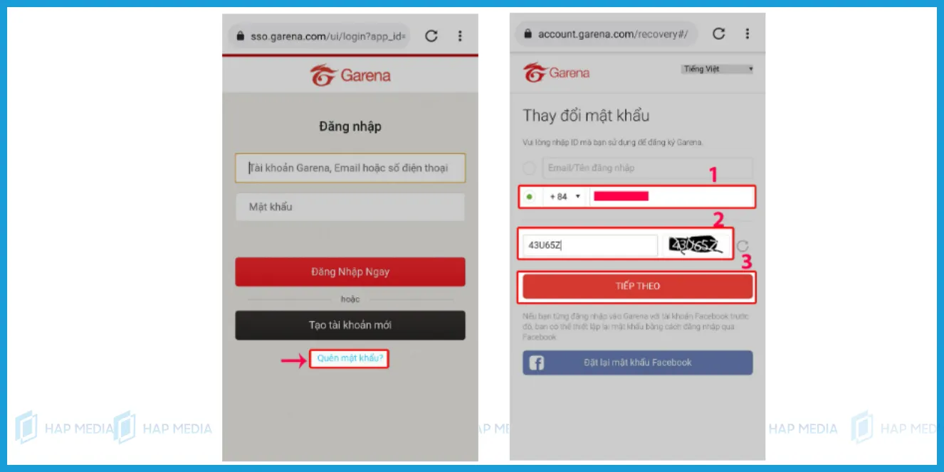 Trang khôi phục mật khẩu Garena qua số điện thoại, yêu cầu nhập số điện thoại và mã xác thực
