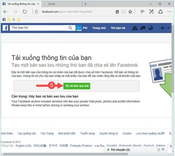 Trang thông tin tài khoản Facebook và mục tải thông tin về