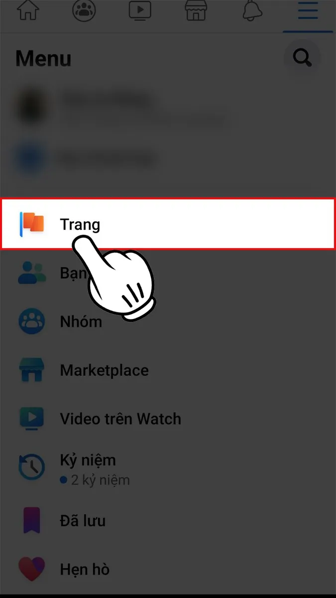 Truy cập mục Trang trong menu cài đặt của Facebook