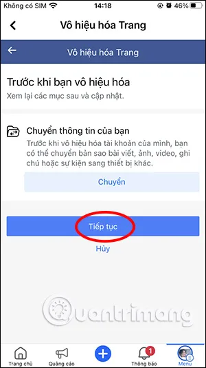 Tùy chọn chuyển thông tin trước khi vô hiệu hóa trang.