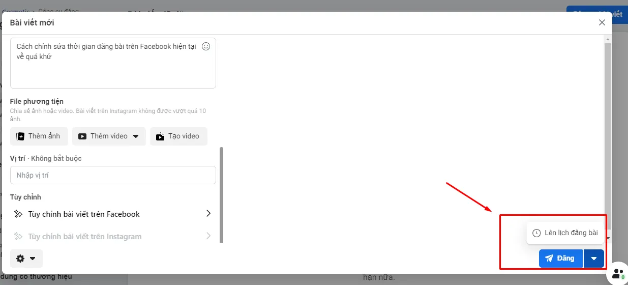 Tùy chọn Lùi ngày (Backdate) khi tạo bài viết mới trên Fanpage