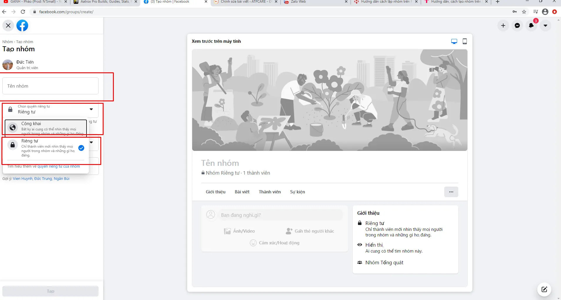 Tùy chọn thiết lập Quyền riêng tư cho nhóm Facebook mới, từ Công khai đến Bí mật