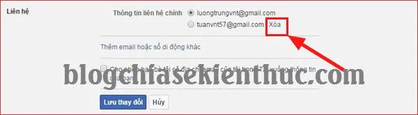 Tùy chọn 'Xóa Email cũ' hiển thị trong phần Liên hệ, cho phép người dùng loại bỏ địa chỉ email hoặc số điện thoại không còn sử dụng.
