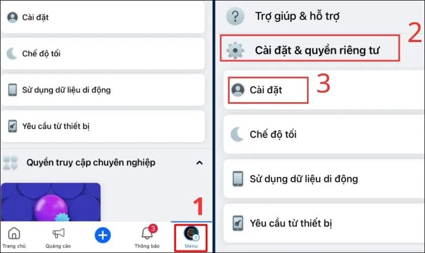 Vào Menu, chọn Cài đặt và Quyền riêng tư để bắt đầu tra cứu bằng Nhật ký hoạt động