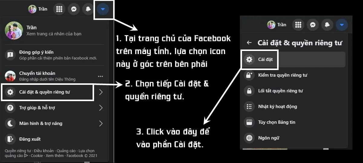 Vào mục Cài đặt của Facebook trên máy tính