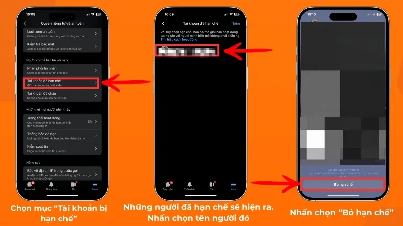 Vào "Tài khoản bị hạn chế" → chọn tên → nhấn "Bỏ hạn chế"