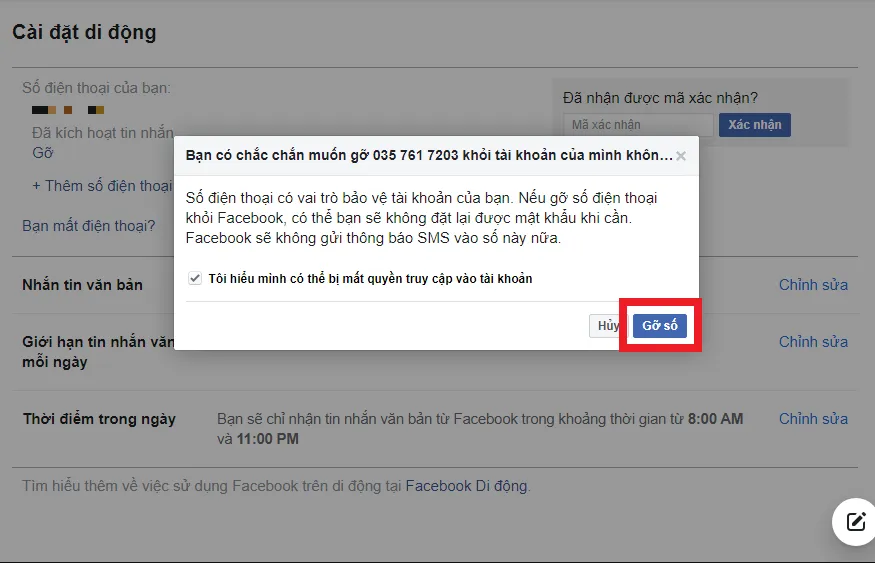 Xác nhận chấp nhận rủi ro và nhập mật khẩu để hoàn tất cách xóa số điện thoại đăng nhập trên Facebook