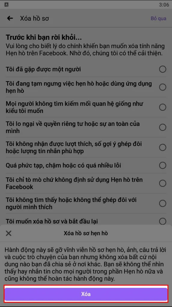 Xác nhận hành động xóa hồ sơ hẹn hò trên Facebook