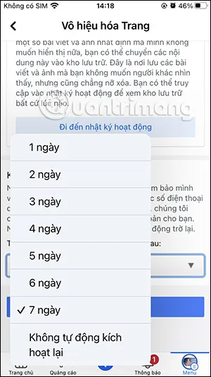 Xác nhận tự động kích hoạt sau khi ẩn facebook tạm thời.