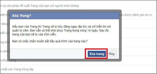 Xác nhận xóa trang Facebook vĩnh viễn sau 14 ngày